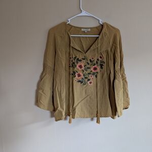 Polagram Embroidered Floral Mustard Top Size medium